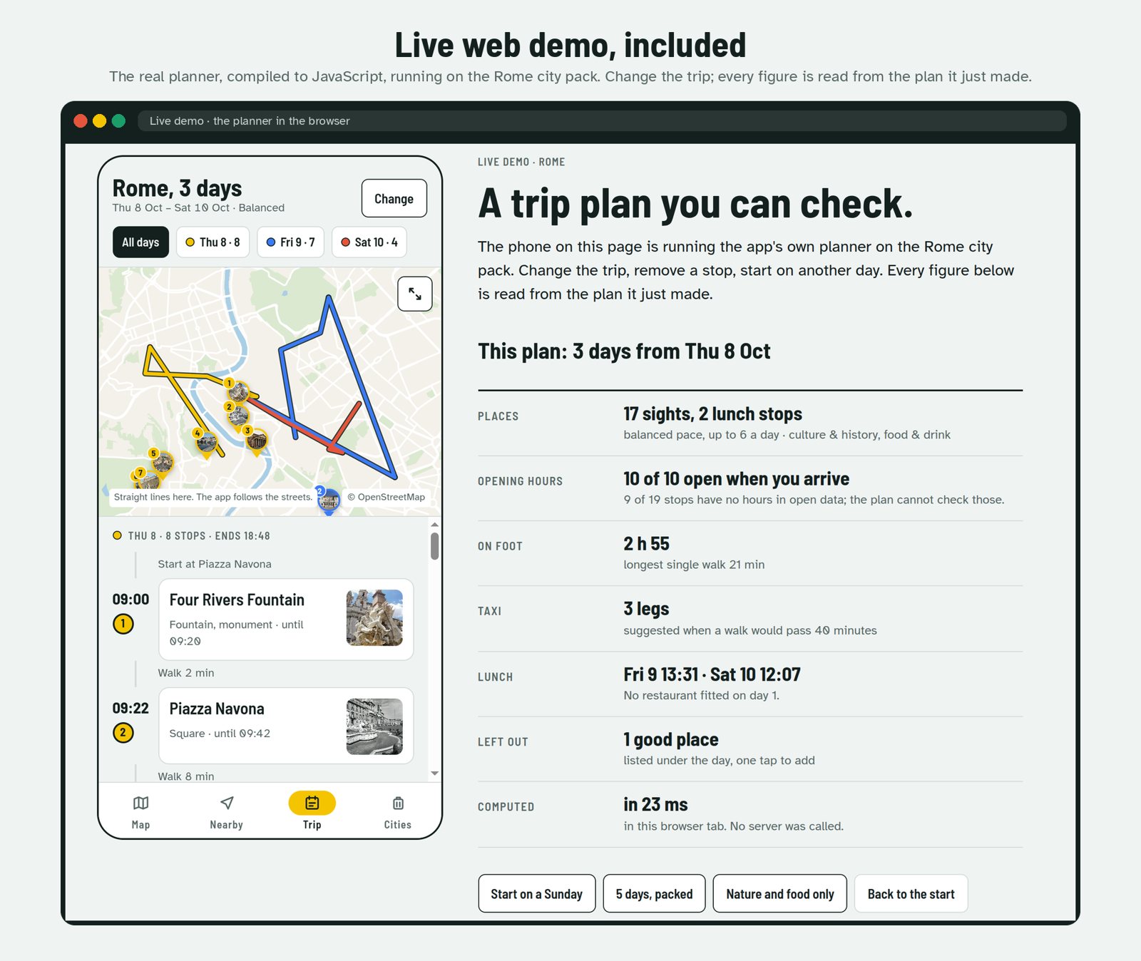 Trip AI Plan: three days on one map and the plan checked